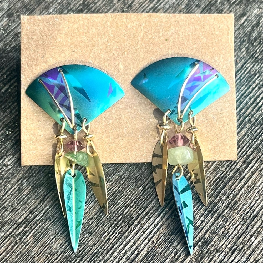 Vintage Holly Yashi Earrings Niobium Gold Fill Post Dangle Purple Teal Signed